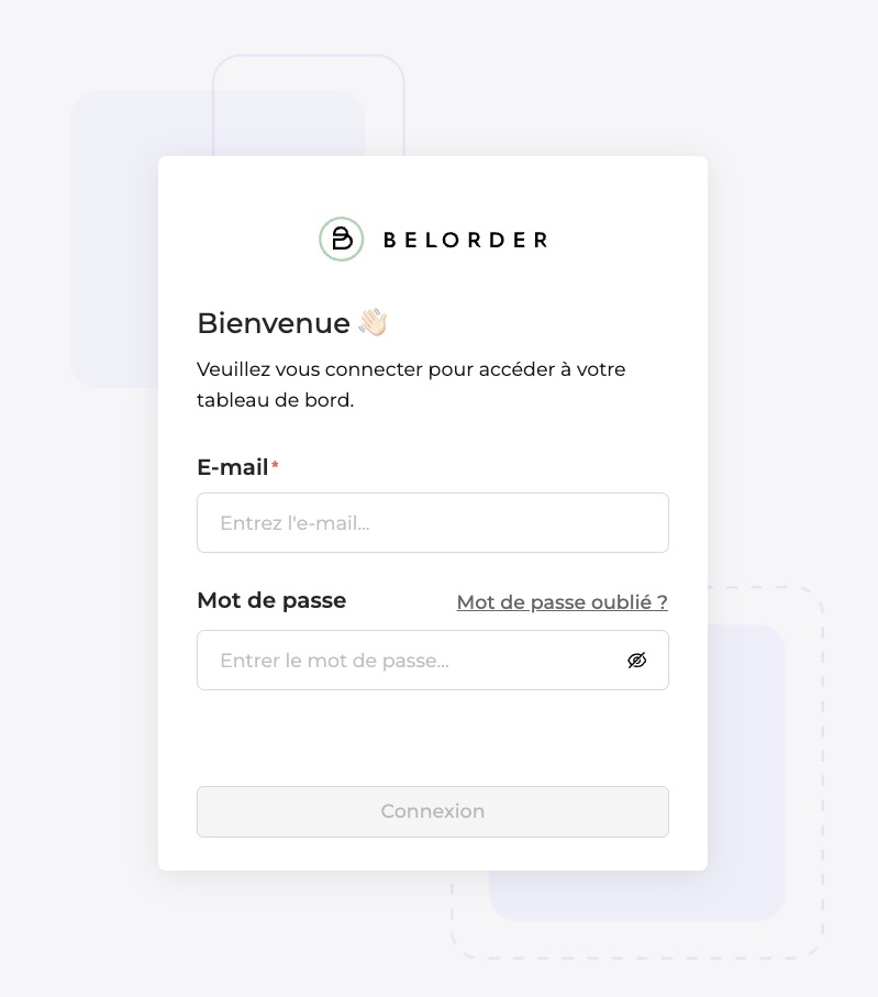 Login page of the dashboard Login page of the dashboard of Belorder